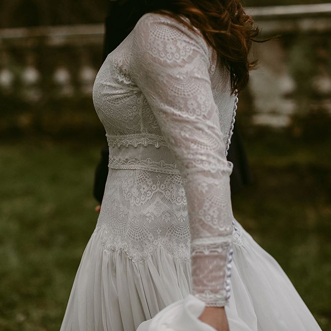 Homemade Wedding Dress with Lace Long Sleeves and High Neck