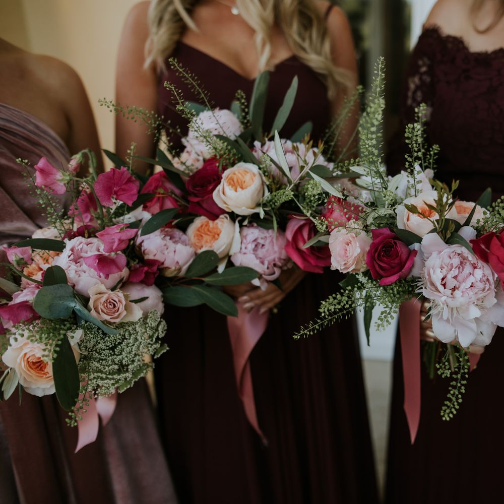 Berry Toned Wedding Bouquets // Coastal Wedding In St Mawes Cornwall With Food By The Hidden Hut And Planning By Isla And Smith With Images From Enchanted Brides Photography