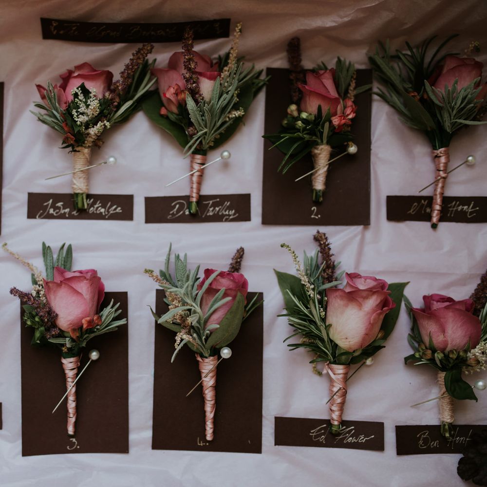 Pink Rose Rustic Buttonholes // Coastal Wedding In St Mawes Cornwall With Food By The Hidden Hut And Planning By Isla And Smith With Images From Enchanted Brides Photography