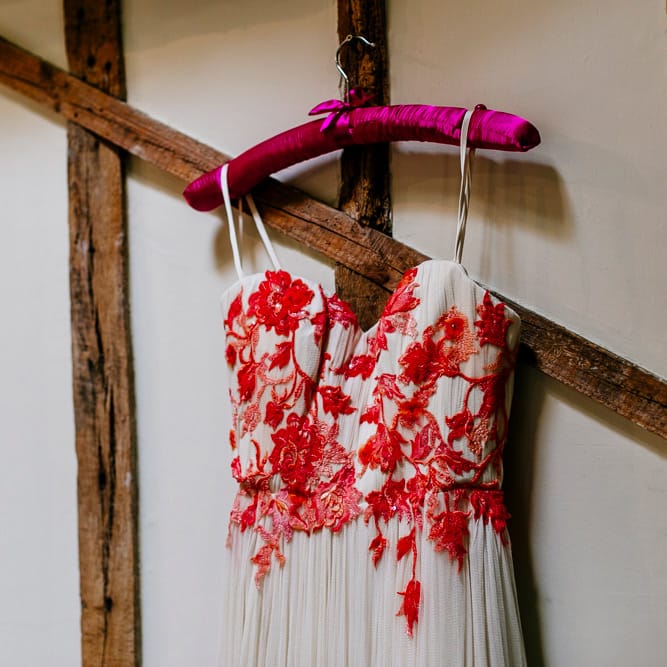 Joanne Fleming Design Wedding Dress | Colourful Alternative Winter Wedding at Upwaltham Barns, Sussex | Epic Love Story Photography