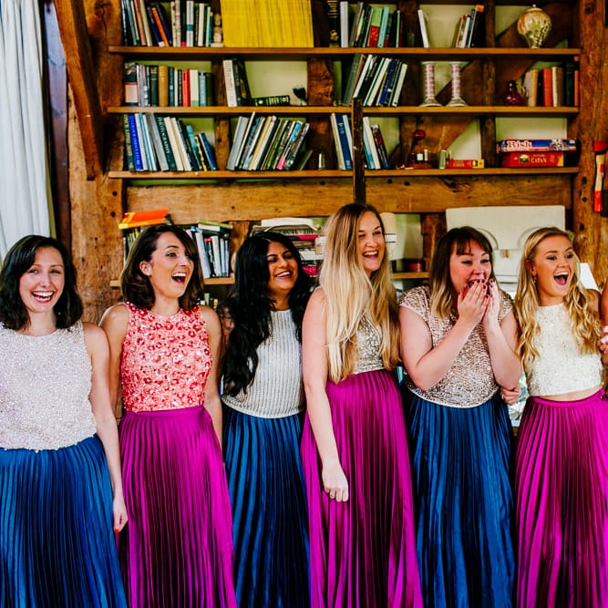 Bridesmaids in Jewel Coloured Skirts &amp; Sequin Top Separates | Colourful Alternative Winter Wedding at Upwaltham Barns, Sussex | Epic Love Story Photography