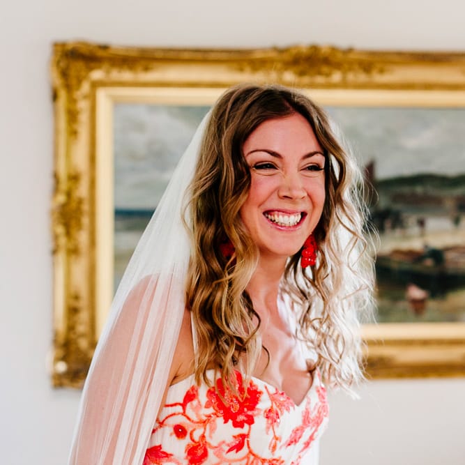Beautiful Bride in Red &amp; White Joanne Fleming Design Wedding Dress | Colourful Alternative Winter Wedding at Upwaltham Barns, Sussex | Epic Love Story Photography