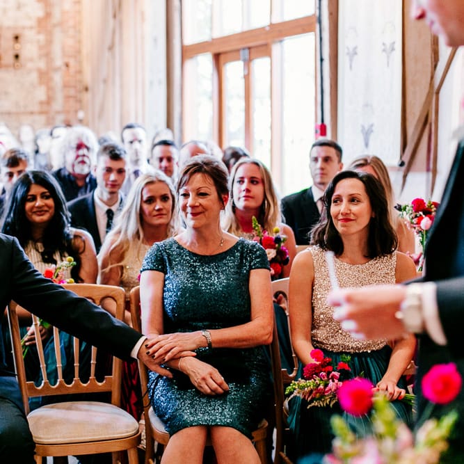 Wedding Ceremony | Colourful Alternative Winter Wedding at Upwaltham Barns, Sussex | Epic Love Story Photography