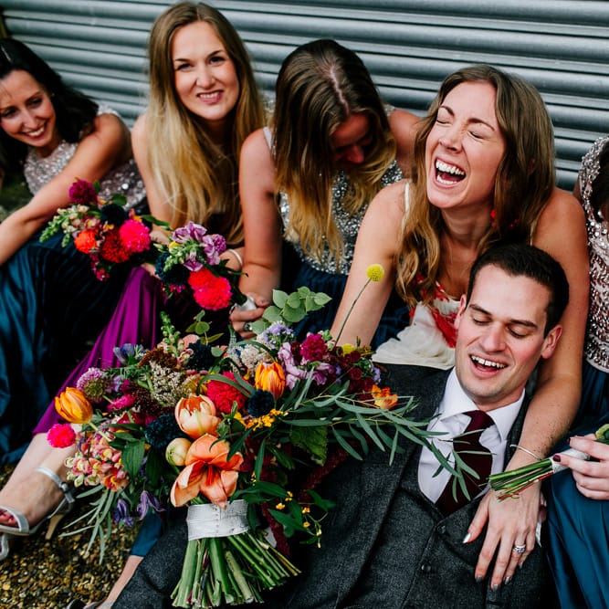 Bridal Party | Bride in Red &amp; White Joanne Fleming Design Wedding Dress | Bridesmaids in Jewel Coloured Skirts &amp; Sequin Top Separates | Colourful Alternative Winter Wedding at Upwaltham Barns, Sussex | Epic Love Story Photography