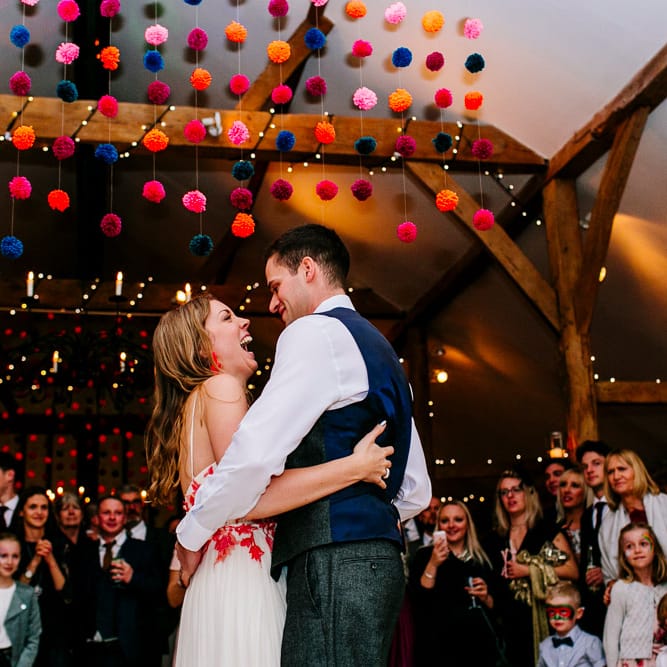 First Dance | Bride in Red &amp; White Joanne Fleming Design Wedding Dress | Groom in Suit Supply Suit | Colourful Alternative Winter Wedding at Upwaltham Barns, Sussex | Epic Love Story Photography
