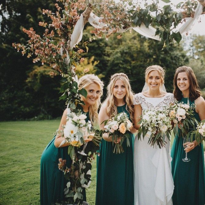 Bridesmaids In Forest Green Dresses With Bride In Rime Arodaky Pennard House Somerset Wedding Images From Ali Paul Photography Film Irene Piera