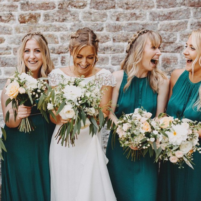 Bridesmaids In Forest Green Dresses With Bride In Rime Arodaky Pennard House Somerset Wedding Images From Ali Paul Photography Film Irene Piera