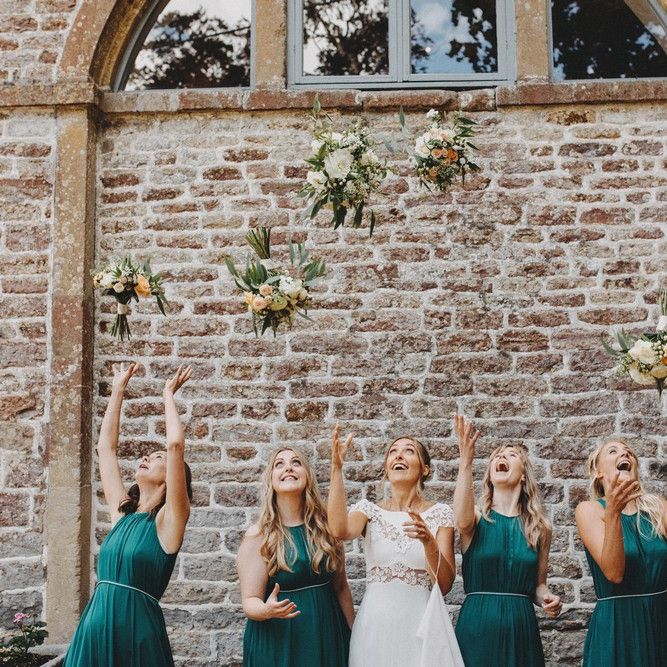 Bridesmaids In Forest Green Dresses With Bride In Rime Arodaky Pennard House Somerset Wedding Images From Ali Paul Photography Film Irene Piera