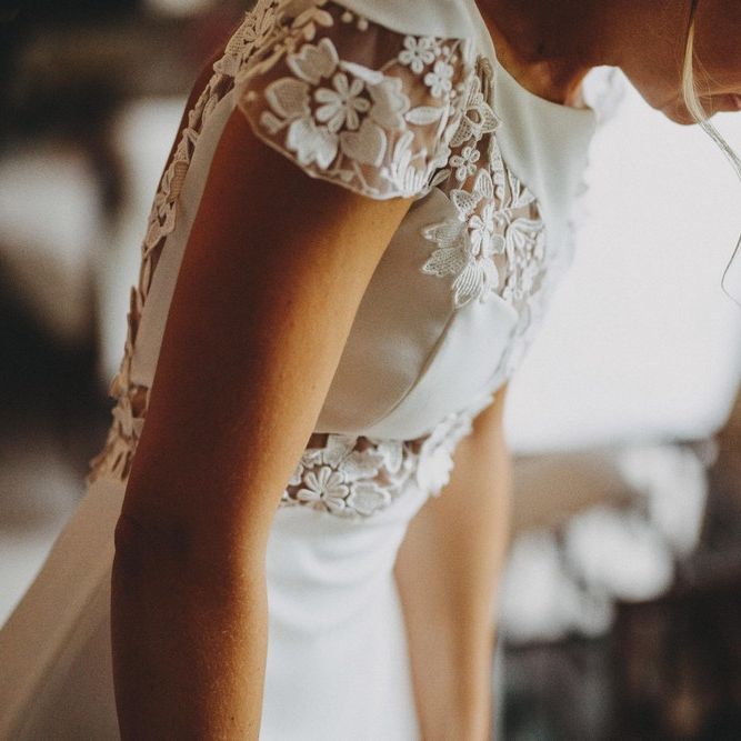 Floral Laser Cut Lace Wedding Dress With Cap Sleeves By Rime Arodaky