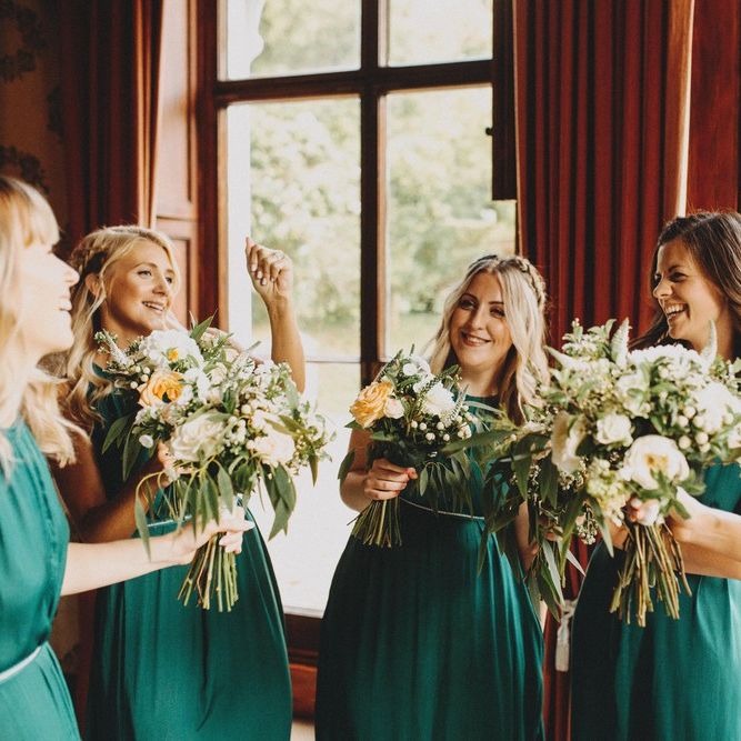 Bridesmaids In Forest Green Dresses With Bride In Rime Arodaky Pennard House Somerset Wedding Images From Ali Paul Photography Film Irene Piera