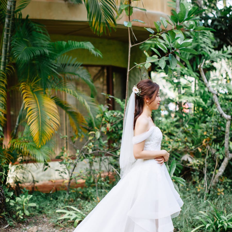 Bride in off the shoulder organza wedding dress