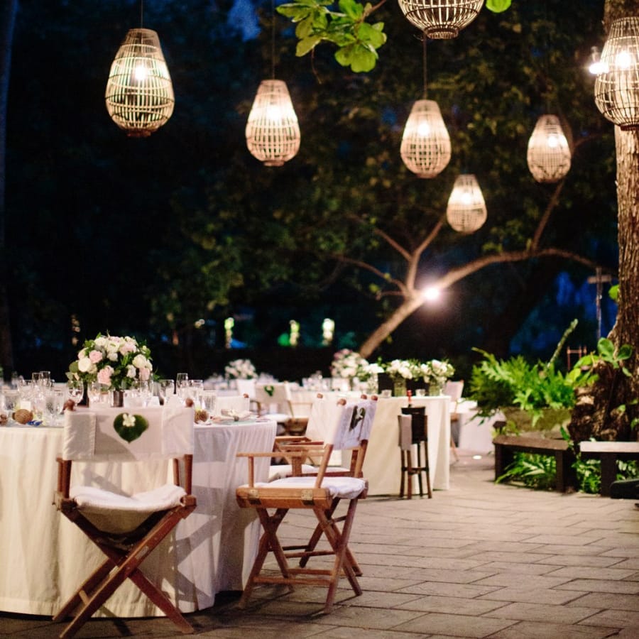 Outdoor lighting at tropical Thailand wedding