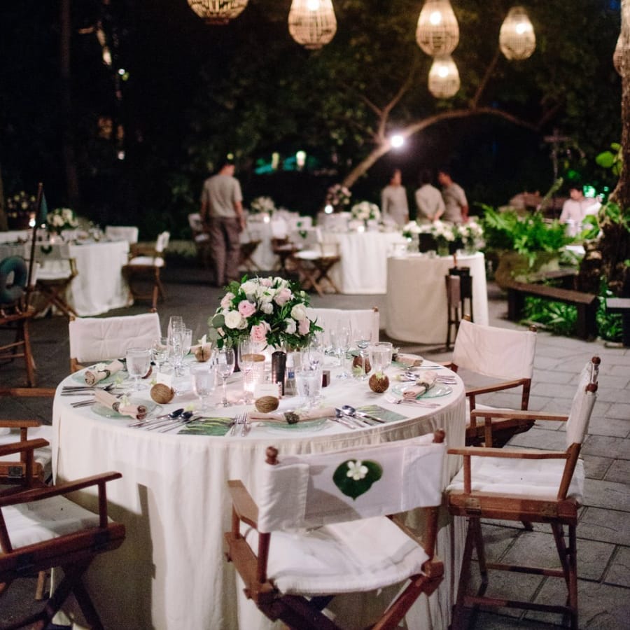 Outdoor wedding reception at tropical wedding in Thailand