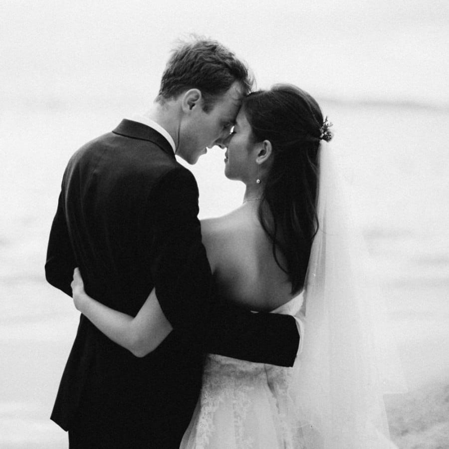 Intimate black and white wedding portrait