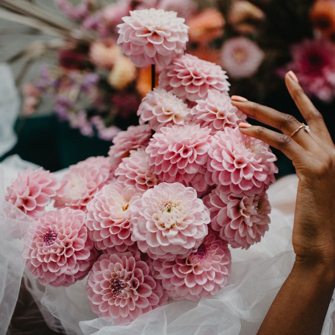 pale pink pompom dahlia wedding bouquet