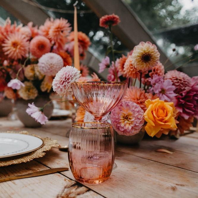 coloured glassware for tropical tablescape at Secret Garden Kent