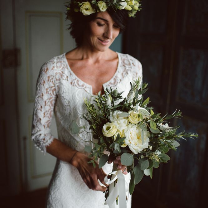 Bride in Lace Laure de Sagazan Bridal Gown | Green &amp; White Bohemian Wedding in the Rain at Castello di San Sebastiano da Po, Italy | Margherita Calati Photography | Second Shooter Carlo Vittorio