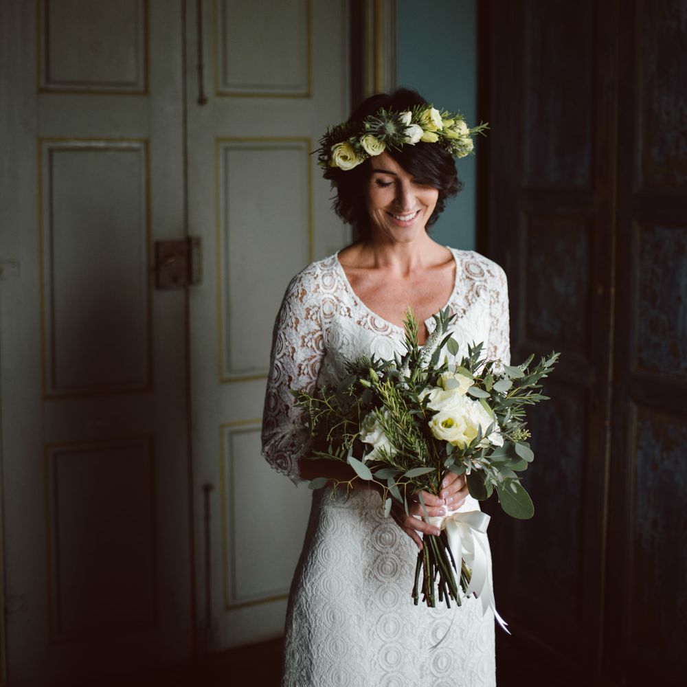 Bride in Lace Laure de Sagazan Bridal Gown | Green &amp; White Bohemian Wedding in the Rain at Castello di San Sebastiano da Po, Italy | Margherita Calati Photography | Second Shooter Carlo Vittorio