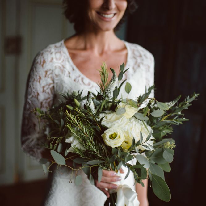 Bride in Lace Laure de Sagazan Bridal Gown | Green &amp; White Bohemian Wedding in the Rain at Castello di San Sebastiano da Po, Italy | Margherita Calati Photography | Second Shooter Carlo Vittorio