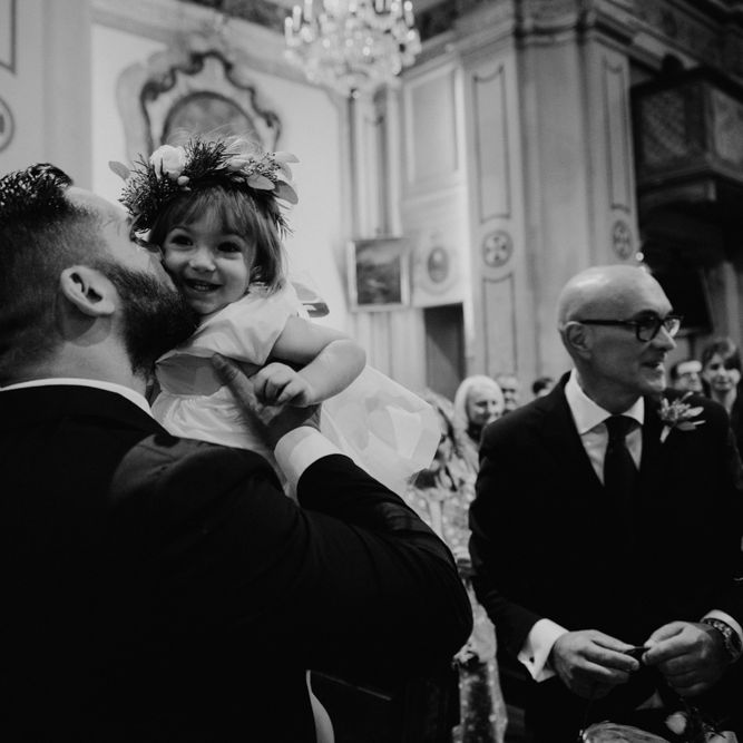 Groom at the Altar with Daughter  | Green &amp; White Bohemian Wedding in the Rain at Castello di San Sebastiano da Po, Italy | Margherita Calati Photography | Second Shooter Carlo Vittorio