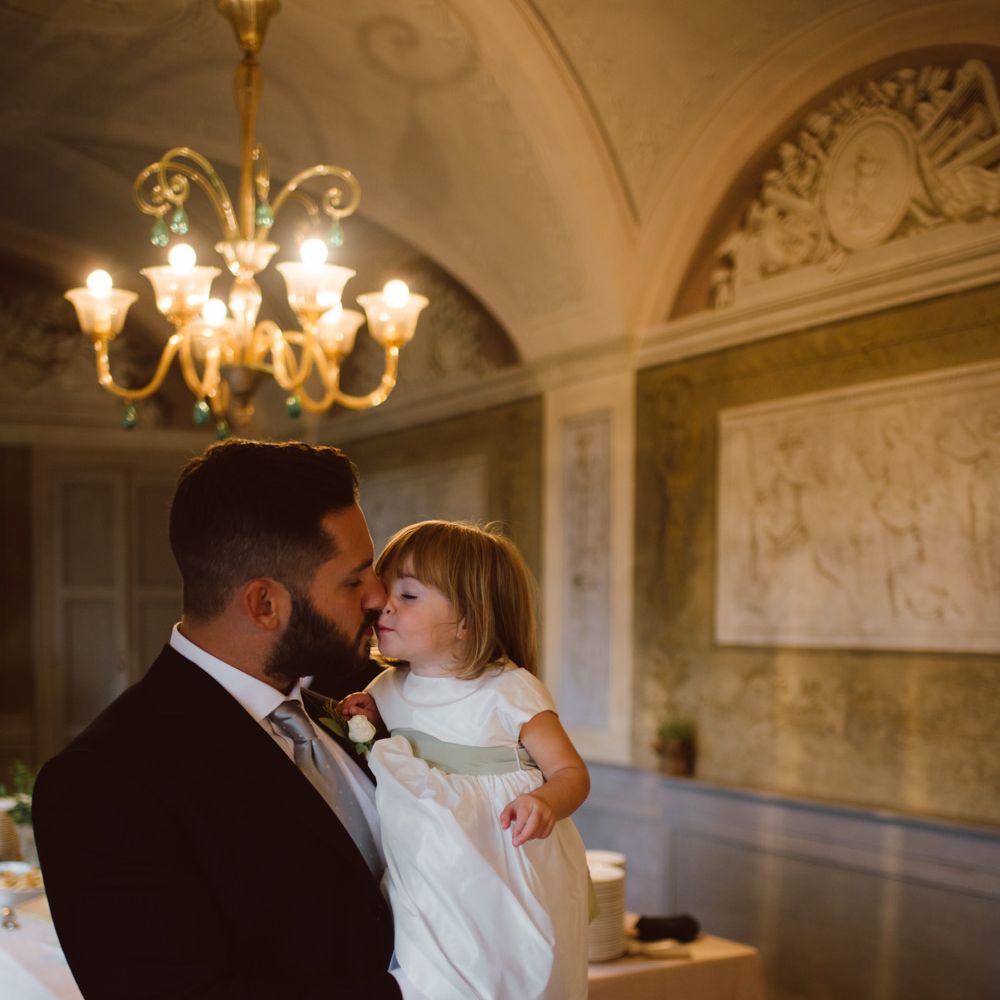 Groom in Black Suit &amp; Flower Girl Daughter | Green &amp; White Bohemian Wedding in the Rain at Castello di San Sebastiano da Po, Italy | Margherita Calati Photography | Second Shooter Carlo Vittorio