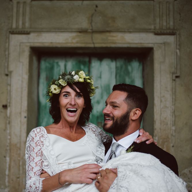 Bride in Laure De Sagazan Gown | Groom in Black Suit | Green &amp; White Bohemian Wedding in the Rain at Castello di San Sebastiano da Po, Italy | Margherita Calati Photography | Second Shooter Carlo Vittorio