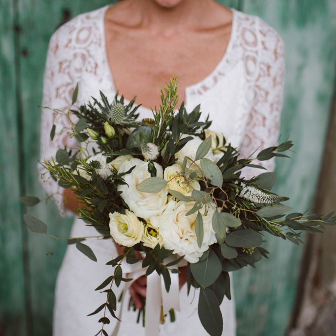 Foliage &amp; White Rose Bouquet | Bride in Laure De Sagazan Gown | Green &amp; White Bohemian Wedding in the Rain at Castello di San Sebastiano da Po, Italy | Margherita Calati Photography | Second Shooter Carlo Vittorio