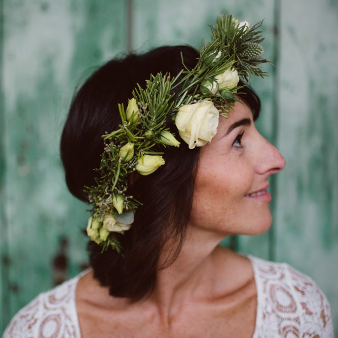 Foliage &amp; White Rose Flower Crown | Bride in Laure De Sagazan Gown | Green &amp; White Bohemian Wedding in the Rain at Castello di San Sebastiano da Po, Italy | Margherita Calati Photography | Second Shooter Carlo Vittorio