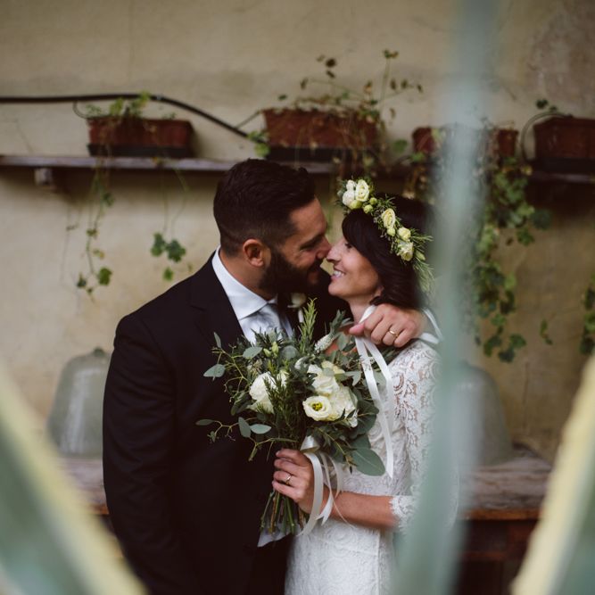 Bride in Laure De Sagazan Gown | Groom in Black Suit | Green &amp; White Bohemian Wedding in the Rain at Castello di San Sebastiano da Po, Italy | Margherita Calati Photography | Second Shooter Carlo Vittorio
