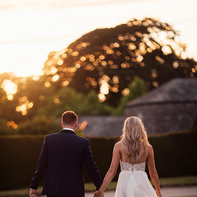 Golden hour portrait with bride in Julio Vino wedding dress