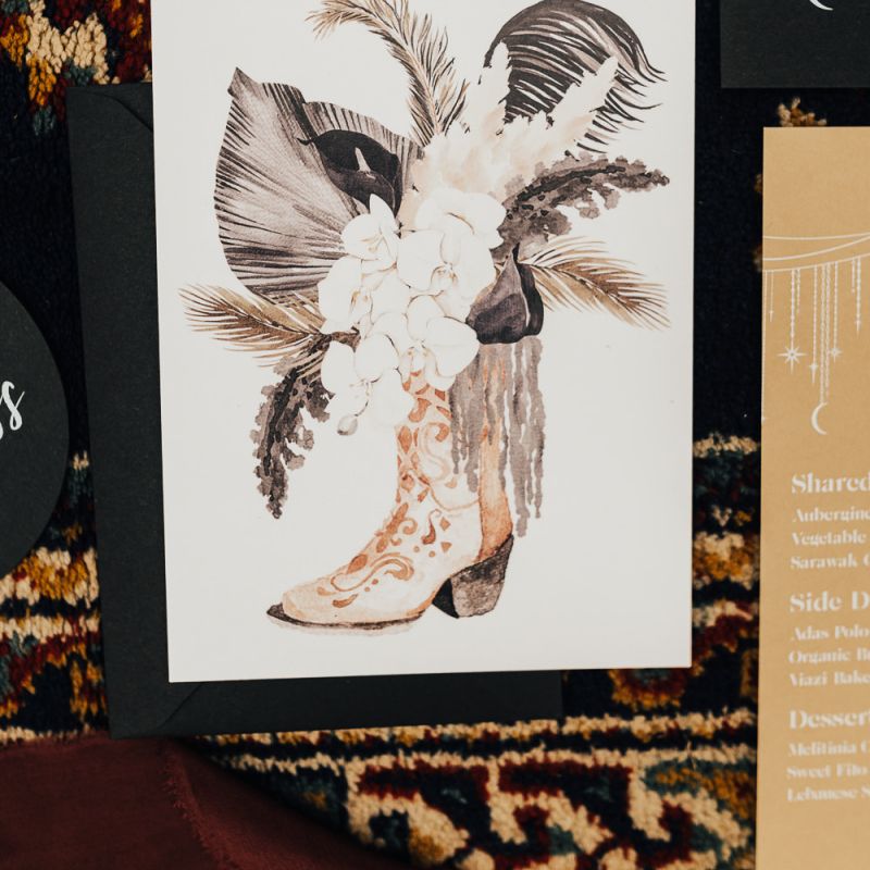 Cowboy boots illustration for wild west wedding  stationery suite