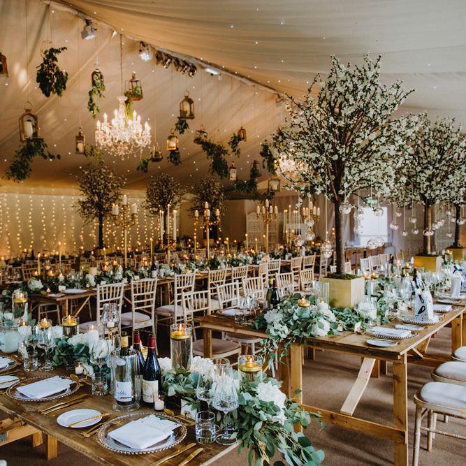 Gold and Green Wedding Reception with Fairylights and Tree Wedding Decor