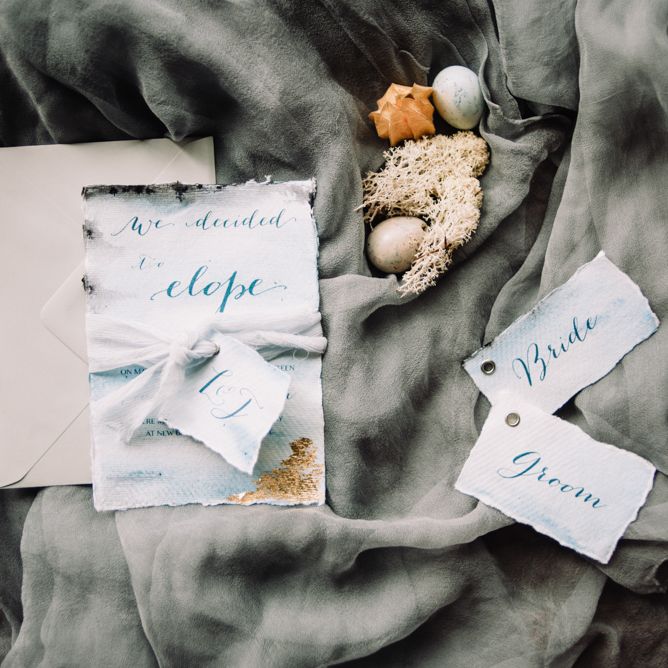 Place Setting with Faithful Designs Wedding Stationery | Wild Coastal Elopement, Bridal Inspiration at New Barton Barns, Devon | Liberty Pearl Photography &amp; Film