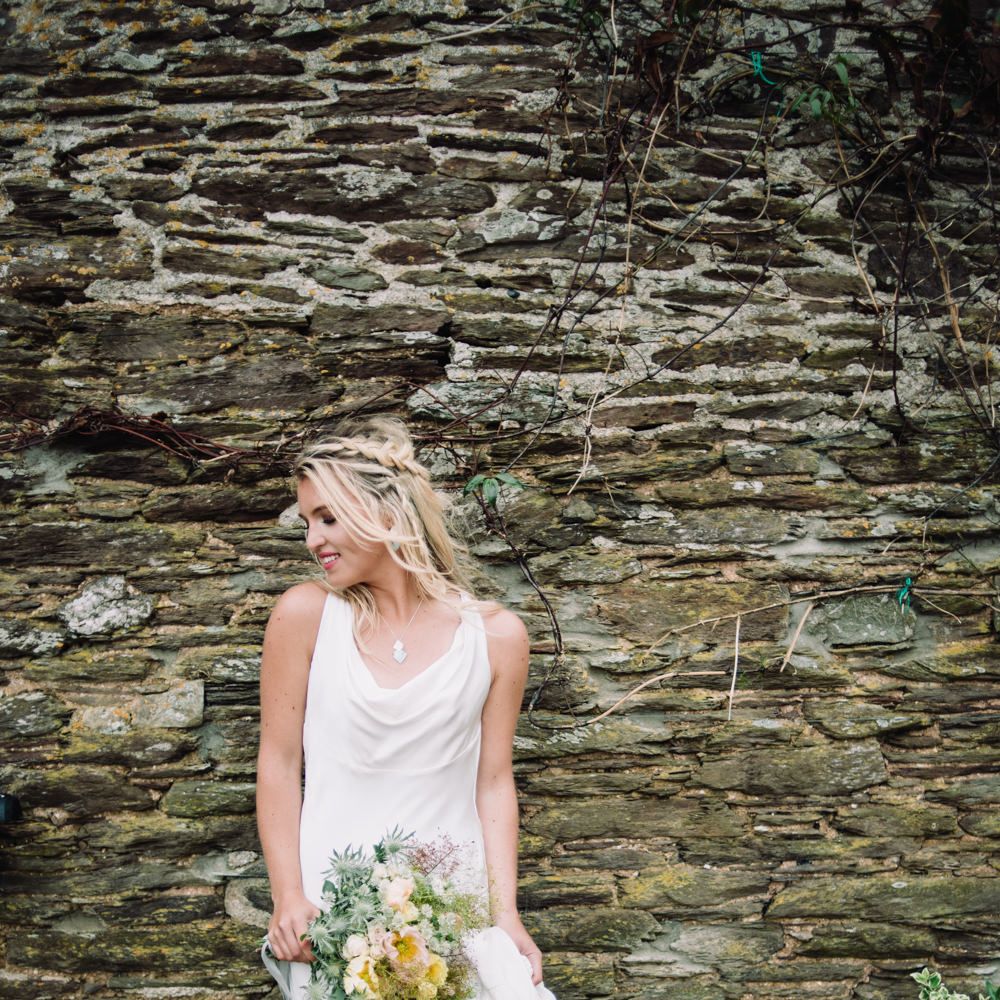 Bri ein Ghost Wedding Dress | Wild Flower Bouquet | Wild Coastal Elopement, Bridal Inspiration at New Barton Barns, Devon | Liberty Pearl Photography &amp; Film