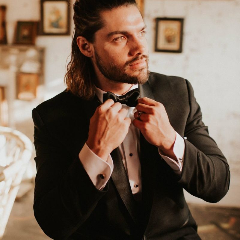 Groom in Tuxedo and box tie for Vegas elopement