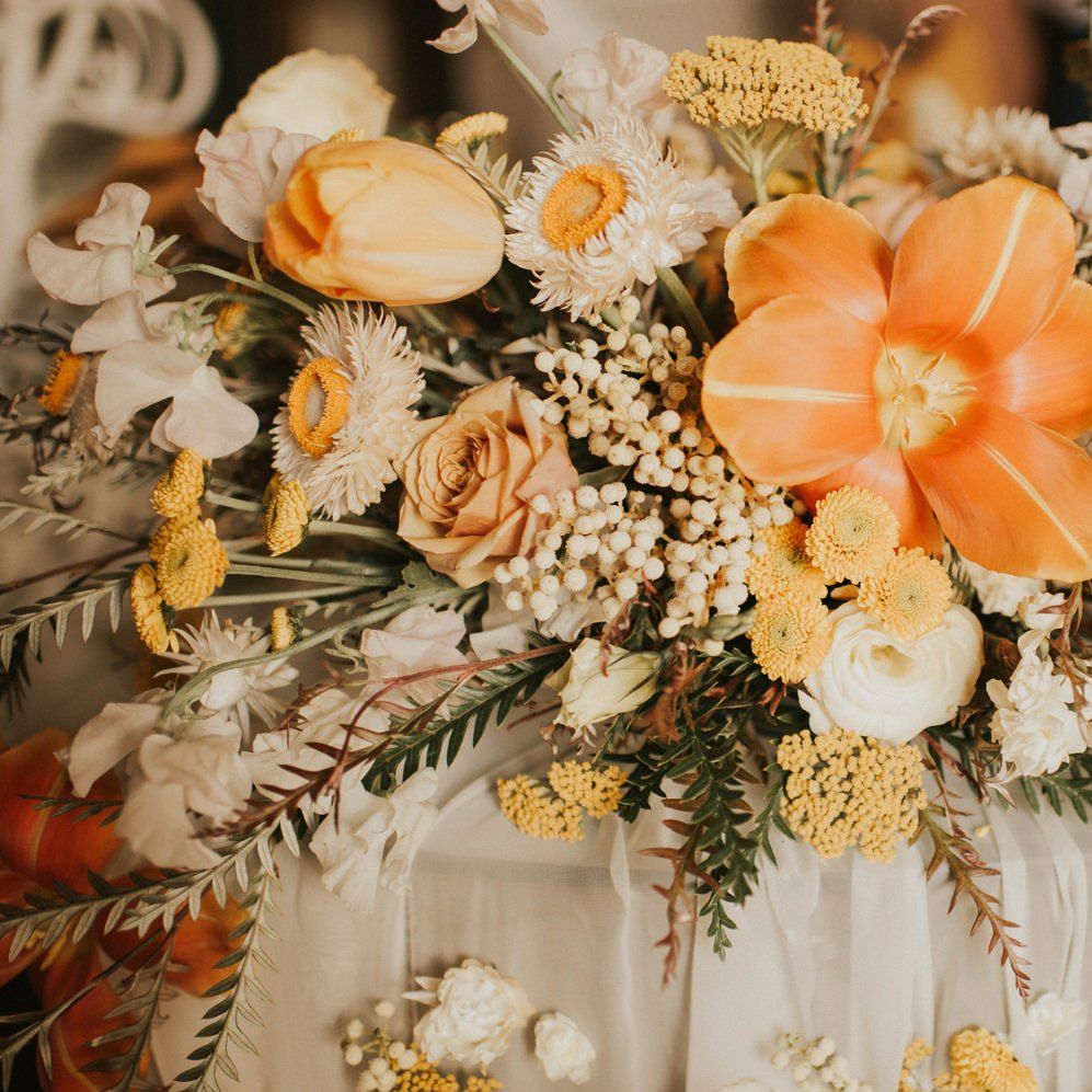 White, yellow and orange wedding bouquet for vegas elopement