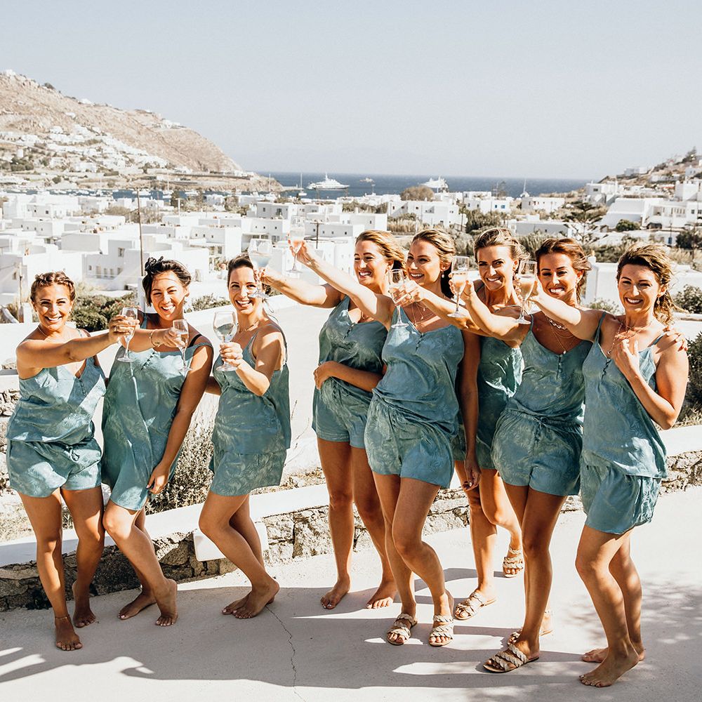 Bridal party in matching pyjamas during preparations
