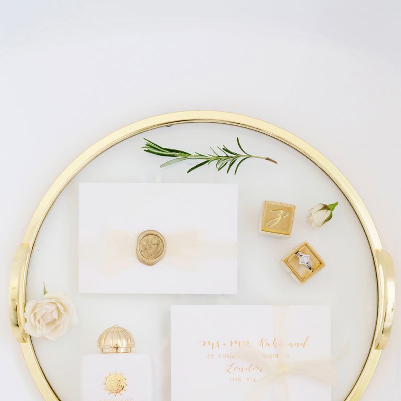 Gold &amp; Glass Platter with Wedding Invitation