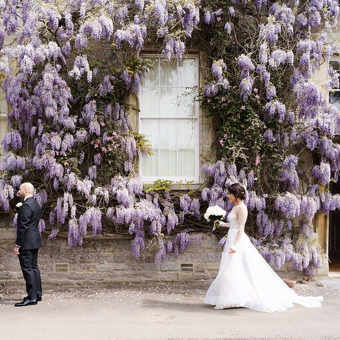 First Look with Bride in Berta Wedding Dress and Groom in Black Tie Suit