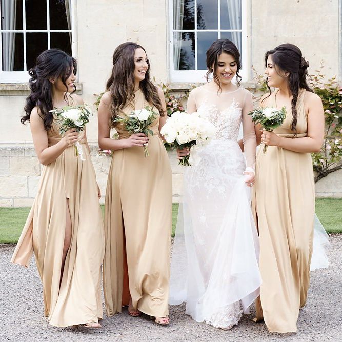 Bridal Party Portrait with Bridesmaids in Nude TwoBirds Bridesmaid Dresses and Bride in Berta Wedding Dress