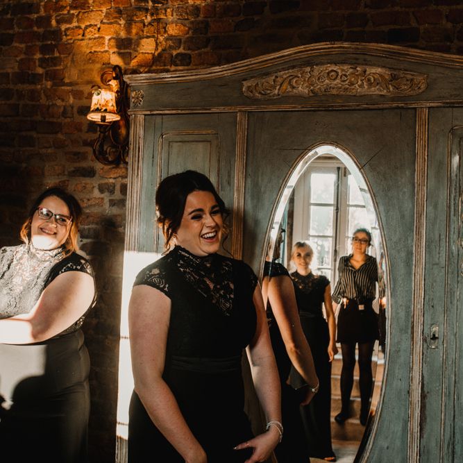 Wedding Morning Bridal Preparations with Bridesmaid in Black Lace Dresses