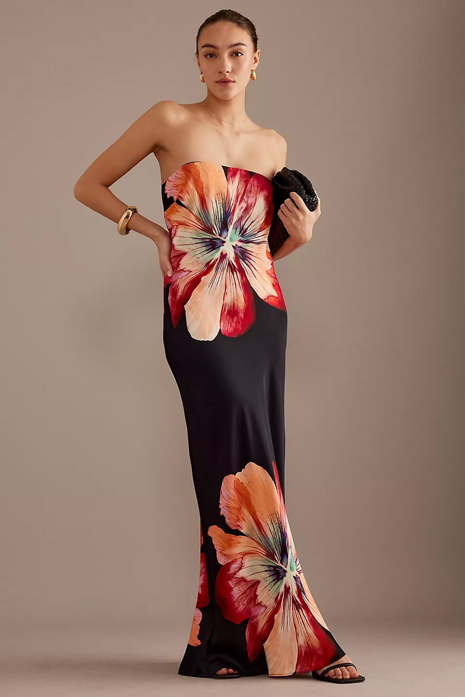 Floral wedding guest maxi dress from Anthropologie with satin material and strapless neckline