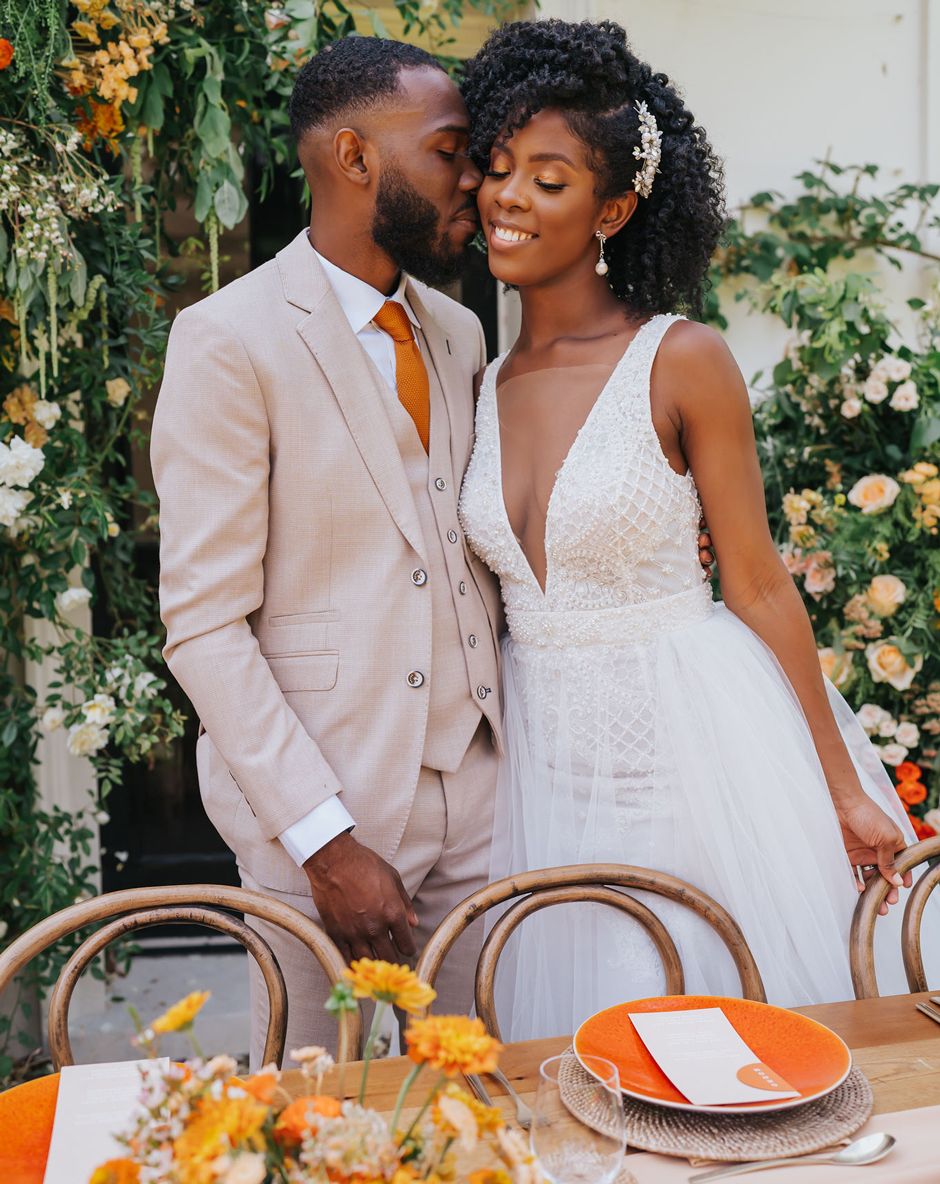 Plunging Neckline Wedding Dress at Orange Outdoor Wedding