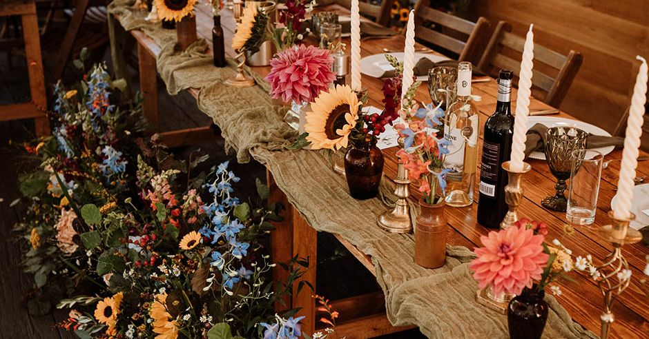 Seasonal Flowers With Sunflowers At Rustic The Bull Hotel Wedding