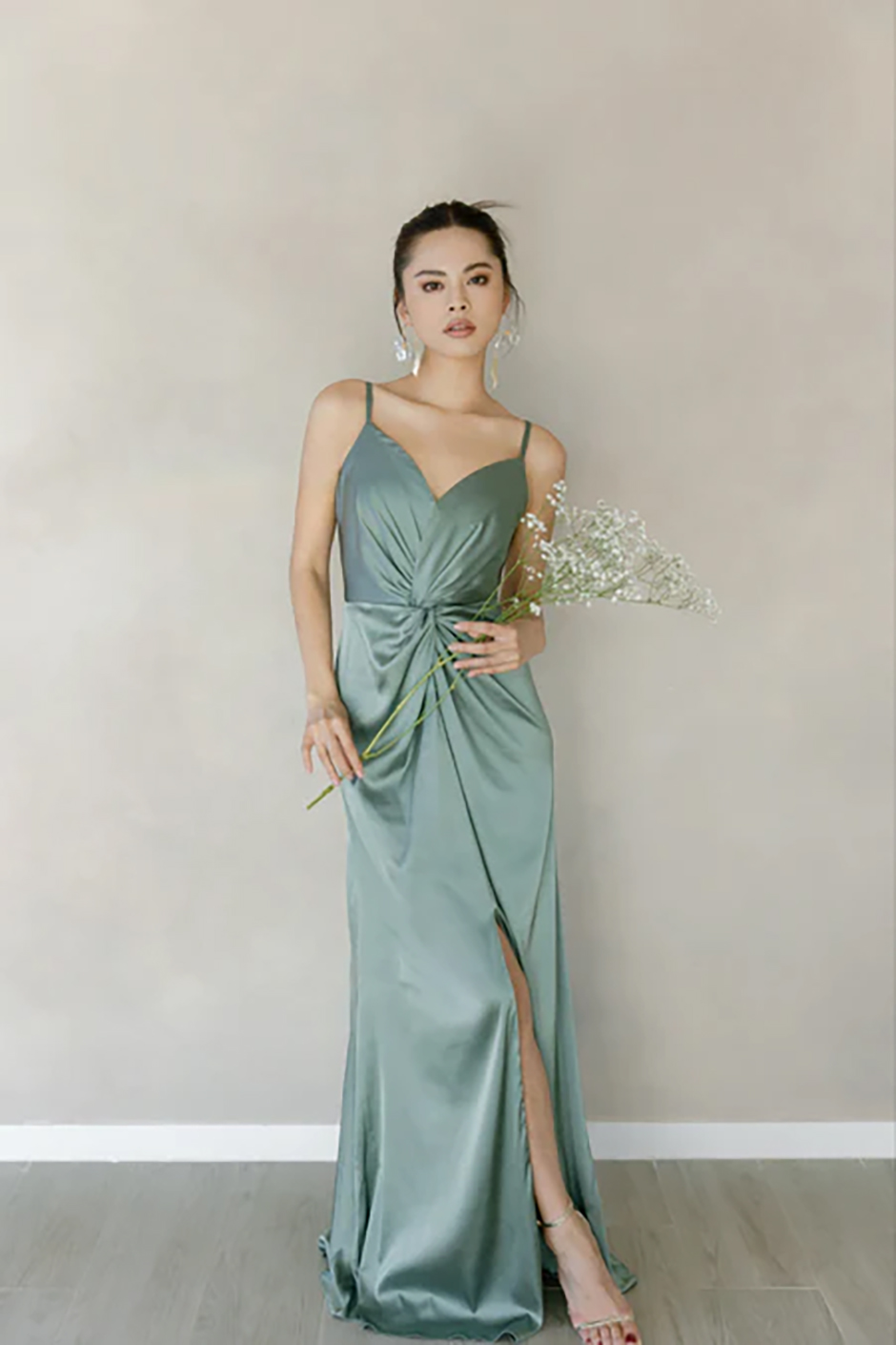 Spring bridesmaid dress from TH&TH - sage green satin maxi dress with twisted front design and leg split