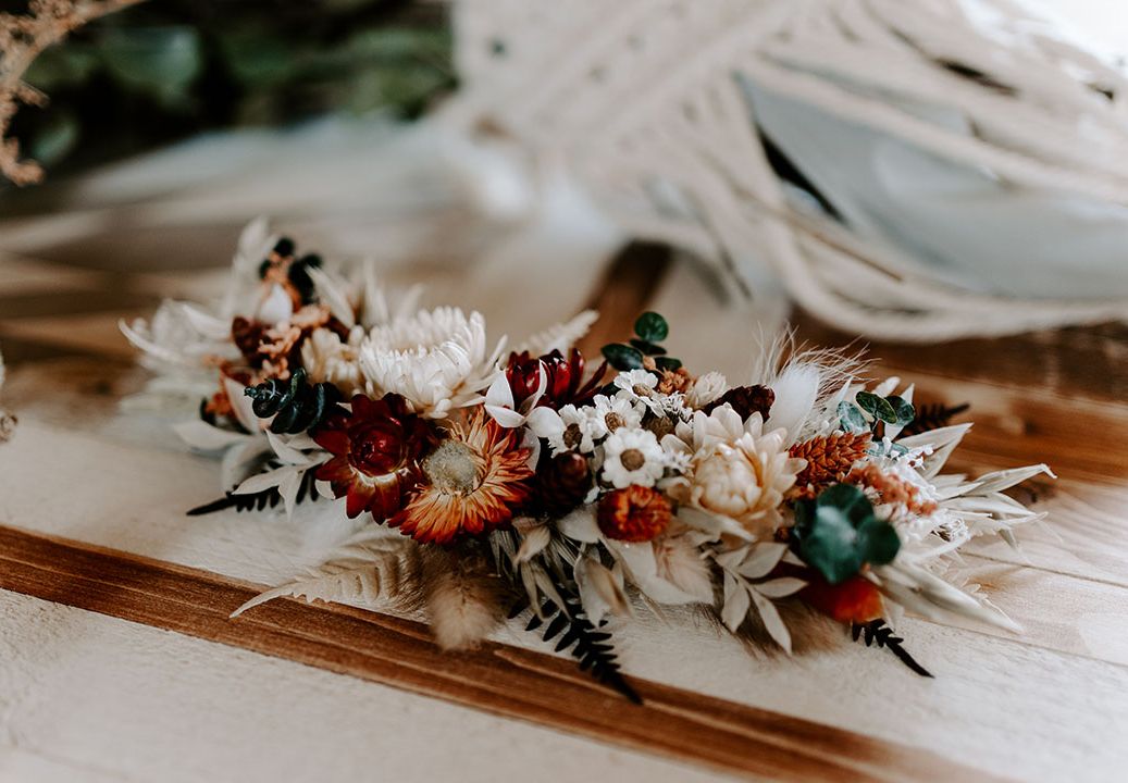 Dried Flower Headband And Macrame Decor at Boho Style Shoot