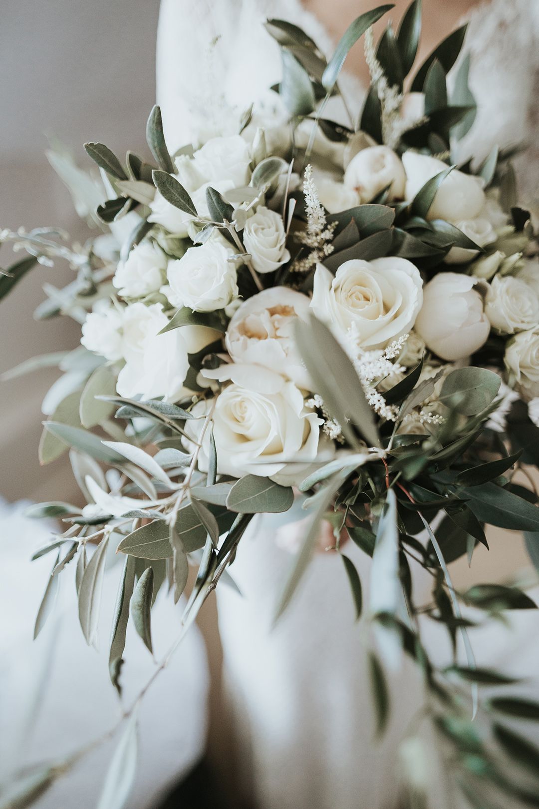 White Wedding Flowers With Eucalyptus at Houchins