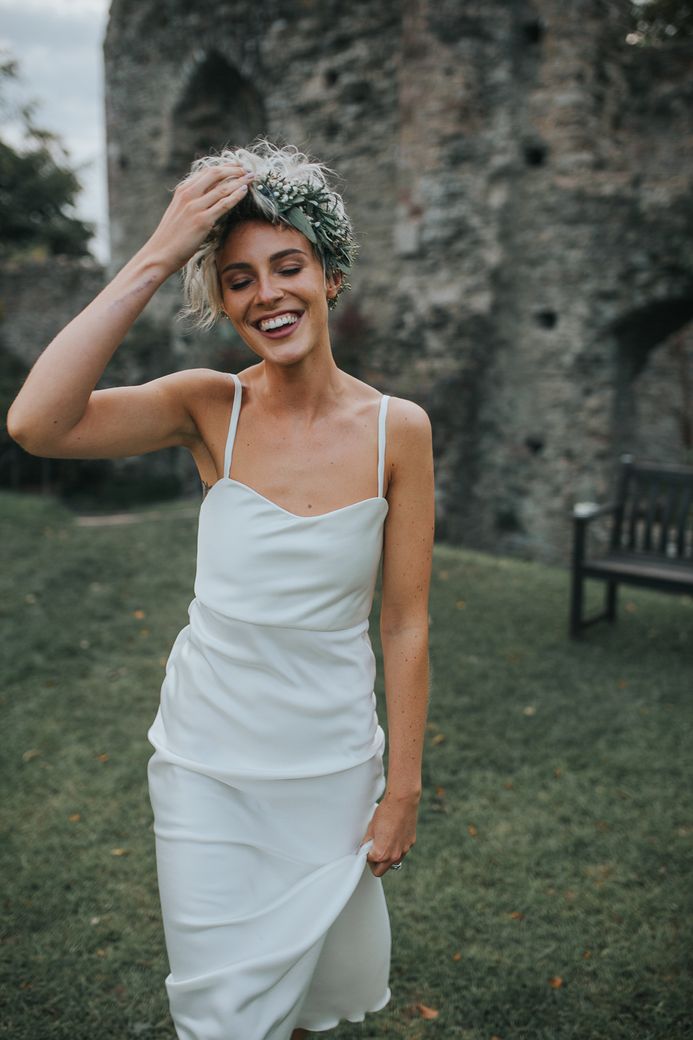 Stylish Usk Castle Wedding With Bride In Flower Crown With Pixie Crop & Bridesmaids In Tonal Blue Lace Dresses With Images From Magda K Photography