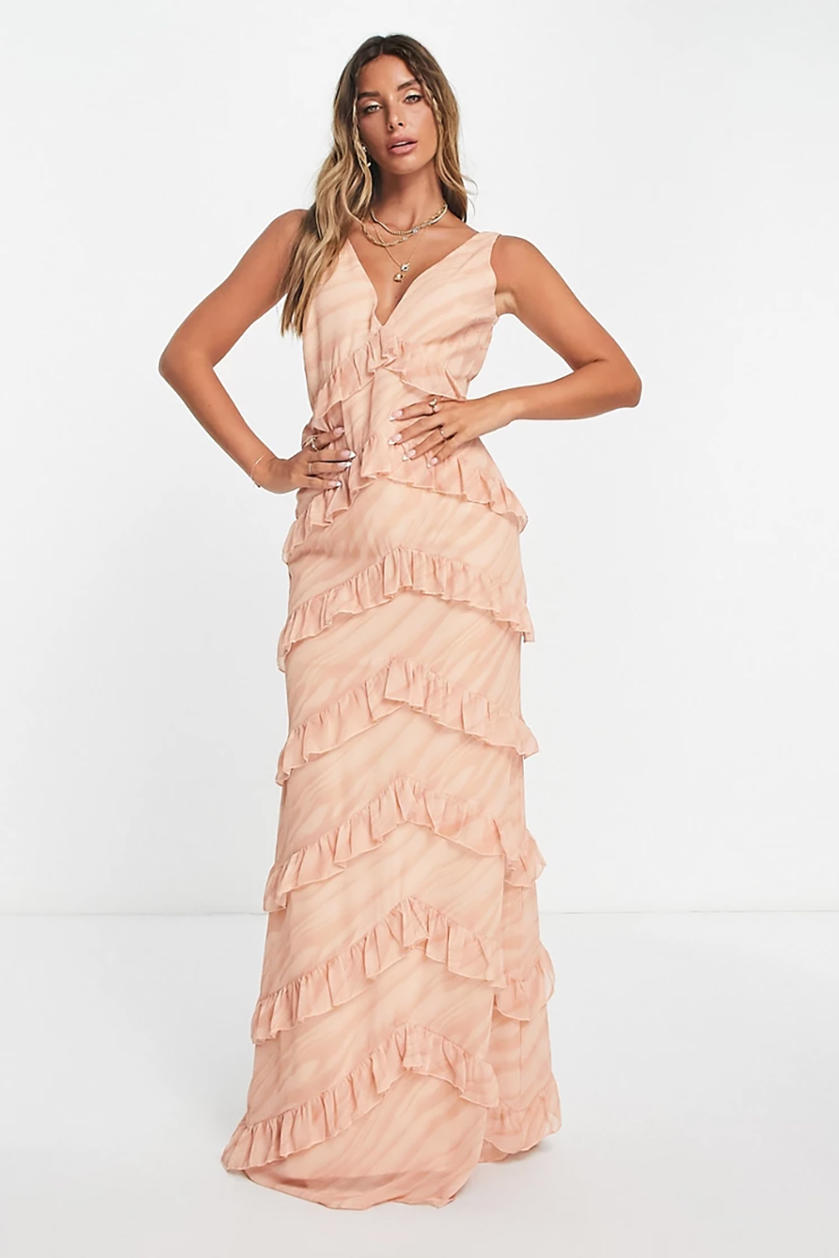 Peach bridesmaid dress with layered ruffle tiers from ASOS