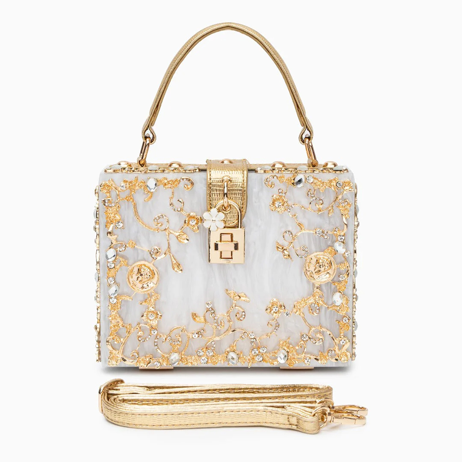 Acrylic box bridal handbag from Verano Hill with gold-plated floral embellishments